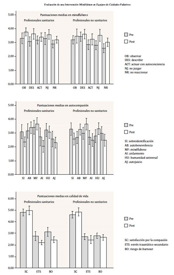 Puntuaciones pre y postintervención para los profesionales sanitarios y no sanitarios (intervalos de confianza del 95%).