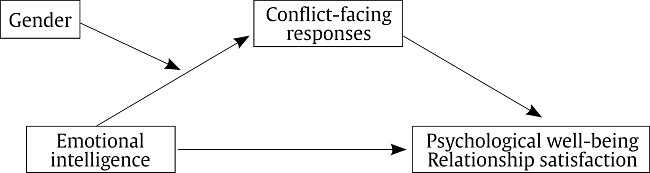 Conceptual Model Showing the Proposed Relationship between Emotional Intelligent and Well-being or Relationship Satisfaction as Mediated by Conflict Styles Resolution (Voice, Loyalty, Exit, and Neglect), Moderated by Gender.