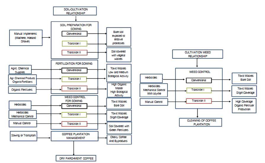 Flowcharts of interrelations: soil-cultivation; cultivation-weeds; cultivation-plagues; and cultivation-infrastructure by management typologies