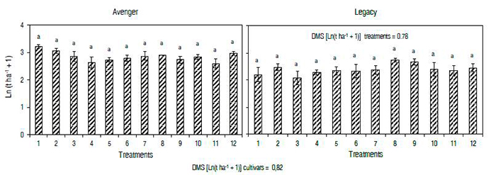 A. Avenger transformed yield with logarithm. B. Legacy transformed yield. DMS = Minimum significant difference. Values with the same letter do not present significant statistical differences (Tukey, P>0.05). Data are means ± SE. C. I. La Selva, Rionegro (Antioquia), 2014-B.