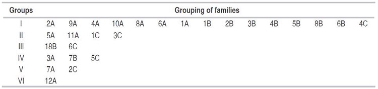 Clustering of families assessed by the Tocher method, using the mean Euclidean genetic distance.