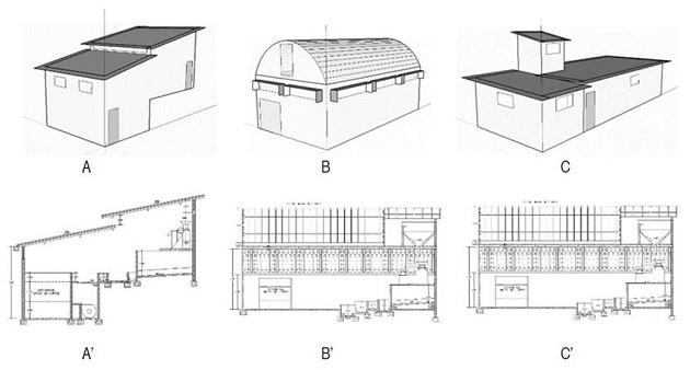 3D geometries and architectural cuts of three buildings for the wet processing of coffee types a (A, A'), b (B, B') and c (C, C').