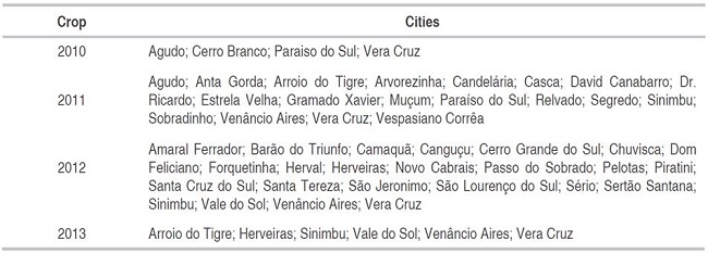 Cities of Rio Grande do Sul where tobacco leaf collections with infestations of M. persicae were carried out in each season to verify the occurrence of its parasitoids.