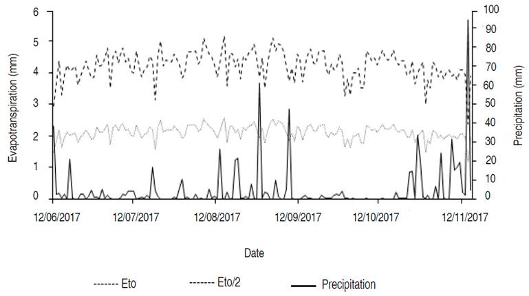 Precipitation and reference evapotranspiration during the phenological cycle of eggplant in Zona Bananera, the Caribbean region, Colombia.