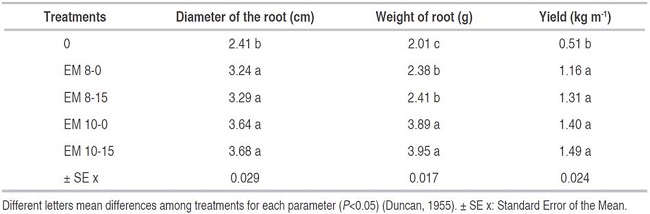 Effect of the application of efficient microorganisms on diameter, fresh weight and yield of feshy root of radish variety PS-9.