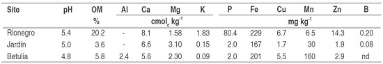 Soil chemical characteristics of the municipalities of Rionegro, Jard&iacute;n and Betulia.