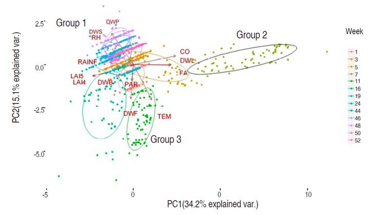 Biplot representation of the relationship between defoliation-refoliation processes variables and the climate variables in weeks 44, 46, 48, 50, 52 of 2015 and weeks 1, 3, 5, 7, 11, 16, 19 and 24 of 2016. LAI4 and LAI5 (leaf area index in the fourth and fifth ring), CO (canopy openness), FA (foliar area), DWL (dry weight of the leaves), DWB (dry weight of branches), DWF (dry weight of the fIowers), DWP (dry weight of the fruit peel), DWS (dry weight of the seed), TEM (temperature), PAR (photosynthetically active radiation), RAINF (rainfall) and RH (relative humidity).