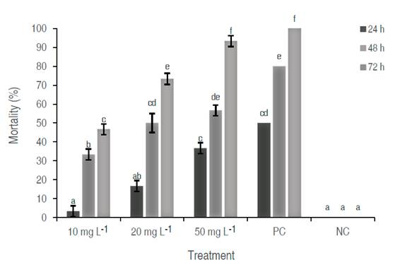 Larval mortality (%) of A. aegypti treated with the ethanolic extract of A. indica at different concentrations 10 mg L-1, 20 mg L-1, and 50 mg L-1, and Positve (PC, Bactivec) and Negative (NC, water) Control, observed at 24, 48 and 72 h of exposure. Different lowercase letters indicate significant differences among the concentrations by the Tukey test (P<0.05).
