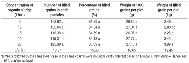 Effects of the sludge applications at different concentrations on number of filled grains in each tiller, weight of 1000 grains and grain yield in each plot.