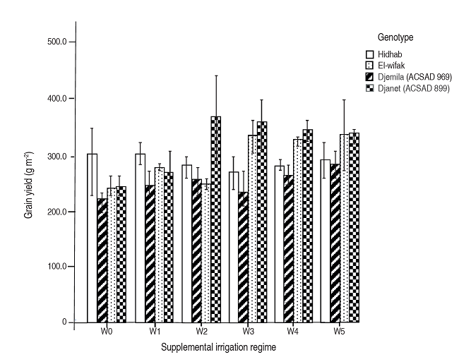 Grain yield of bread wheat genotypes under variable water regimes. Rainfed treatment without any irrigation (W0), supplemental irrigation at Z32-Z39 (W1), supplemental irrigation at Z31 and Z65-Z69 (W2), supplemental irrigation at Z21-Z29, Z32-Z39 and Z70-Z79 (W3), supplemental irrigation at Z21-Z29, Z32-Z39, Z65-Z69 and Z70-Z79 (W4), most irrigated at the five stages Z21-Z29, Z31, Z32-Z39, Z65-Z69 and Z70-Z79 (W5). SI was applied to maintain MAD at 75% of field capacity. Vertical bars represent standard errors of the means.