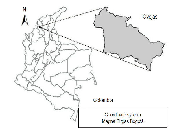Geographical location of the municipality of Ovejas (Colombia).