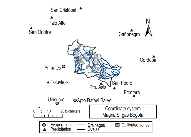 Location of tobacco crops and hydroclimatological stations used. 