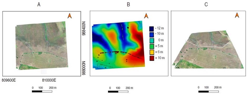 Visual maps for the Case of study 3. A. 2D model; B. DEM; C. 3D model.