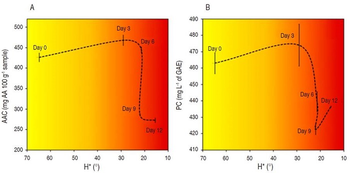 Correlation between hue angle (H*) and (a) the ascorbic acid content (AAC) and the polyphenolic content (PC) in the pseudo-fruits on different days of storage. Yellow tones are on day 0 and red tones on day 12.