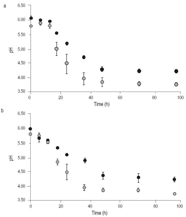 Changes in pH values during fermentation of white cabbage (&bull;) and Chinese cabbage (&bull;) inoculated with the strains Tw234 (a) and Ln. mesenteroides ssp. jonggajibkimchii RCTw1.1 (b). Each value is the mean &plusmn; standard deviation of two measurements.