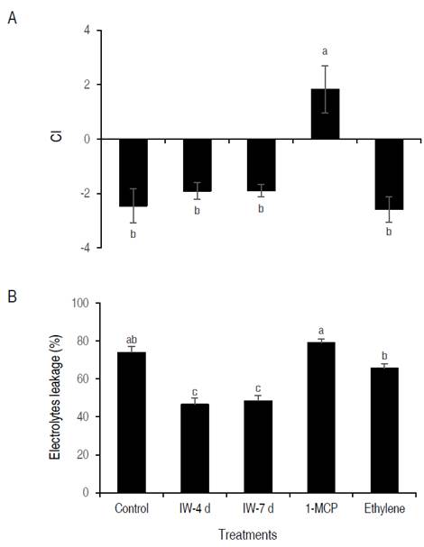 Effect of Intermittent Warming: IW-4 d and IW-7 d, 1-MCP and Ethylene treatments on the color index (CI) of pulp (A), and electrolytes leakage (B) of "Hass" avocado fruits in shelf-life (18 °C) after being stored 29 days at 2 °C. The vertical bars on each mean indicate the standard error (n=4). Means followed by the same letter indicate no significant differences according to Tukey's test (P<0.05).