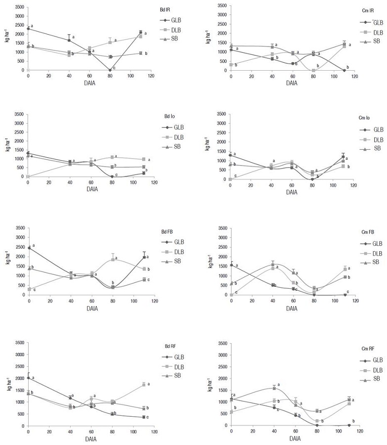 Dynamics of the effect of phosphorus fertilization on the total aerial biomass fractions of Brachiaria dyctioneura (Bd) and Centrosema macrocarpum (Cm) during grazing. IR: high dose of P (50% of P2O5 as RF and 50% as FDA); Io: control without fertilization (0 N - 0 P2O5 - 0 K2O); FB: low dose of P (25% of P2O5 as RF and inoculation with biofertilizer based on native arbuscular mycorrhizal fungi; RF: high dose of phosphorus (100% of P2O5 as phosphate rock). GLB: green leaf biomass; DLB: dry leaf biomass; SB: stem biomass. DAIA: days after the introduction of the animals (different letters indicate statistically significant differences in each moment of sampling, bars indicate standard deviation. Duncan P<0.05, n=24).