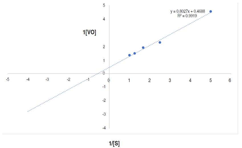 Line weaver-Burk plot of reaction velocity against substrate concentration for purified α-amylase using starch as substrate.