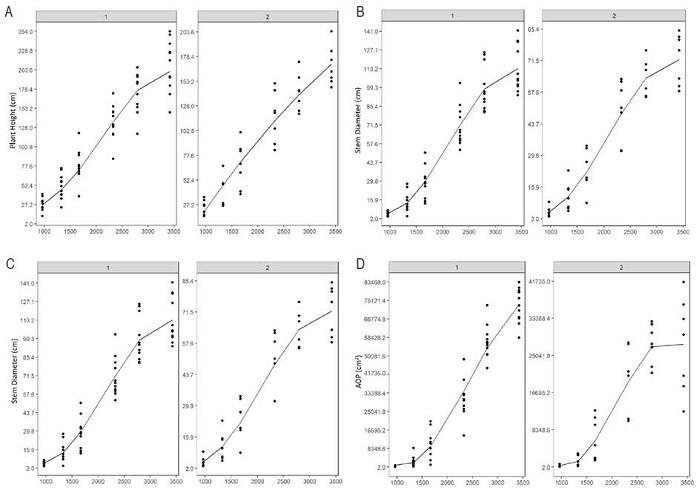 Representation of second and third-order models that explain growth for the variables plant height (A), stem diameter (B), number of leaves (C), and the area occupied by the plant (D) as a function of the accumulated degree days (GDD) in UN Cotov&eacute; papaya variety plants.