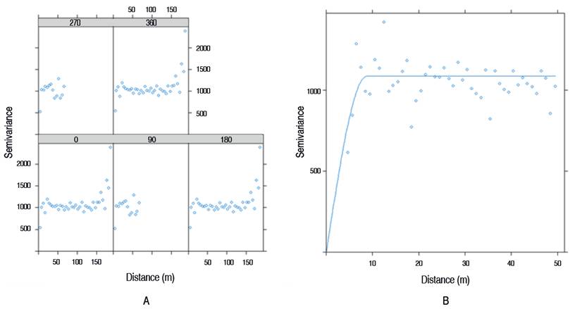 A. Directional semivariogram of Oligonychus sp. count in avocado trees; B. Adjusted semivariogram of Oligonychus sp. count in avocado trees.