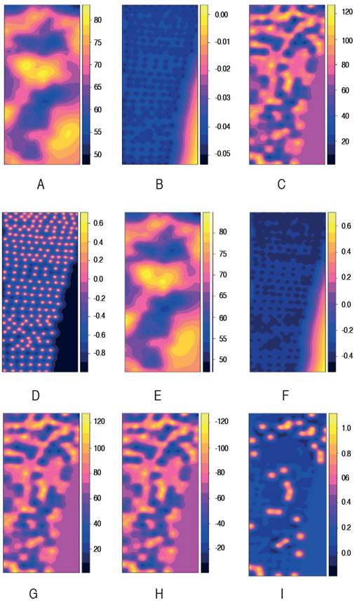 Co-Kriging Prediction, Covariance, and Indicator of count Oligonychus sp. A. co-Kriging Prediction with NDVI as covariable; B. co-Kriging Covariance with NDVI as covariable; C. co-Kriging Prediction with TPI as covariable; D. co-Kriging Covariance with TPI as covariable; E. co-Kriging Prediction with TWI as covariable; F. co-Kriging Covariance with TWI as covariable; G. co-Kriging Prediction with NDVI/TWI/TPI as covariable; H. co-Kriging Prediction with NDVI/TWI as covariable; I. co-Kriging Indicator > 100 mites/leaf NDVI/TWI/TPI as covariable.