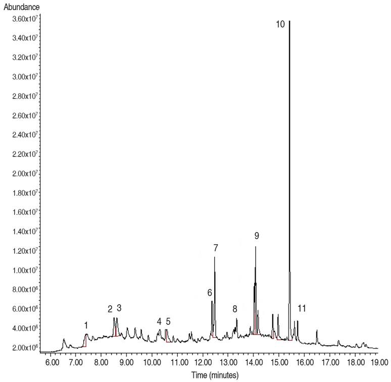 Analytical gas chromatogram of the F2 fraction (60:40 ethyl acetate/methanol), obtained from the biol elaborated at the El Oro province. 