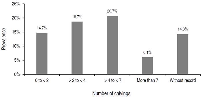 Results of molecular prevalence to BLV for bovines with a different number of calvings in the specialized dairy in the department of Antioquia. Group 0<2 calvings includes animals from three months of age until the first calving.