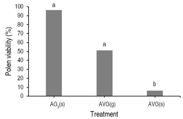 Percentage of pollen viability in male flower from successful reversion treatments. Aminoethoxy-vinyl-glycine (AVG) and Gibberellic acid (AG3). Foliar spray (s) and drip to the apex (g). Different letters between treatments indicate significant differences according to the non-parametric Wilcoxon signed-rank test (P<0.05).