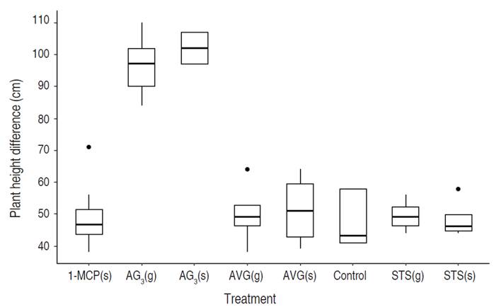 Boxplot of the plant's height in response to the treatments. Silver thiosulfate (STS), Aminoethoxy-vinyl-glycine (AVG), 1-Methylcyclopropene (1-MCP), and Gibberellic acid (AG3). (s) Foliar spray and (g) Drip to the apex.