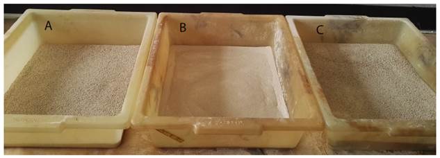 Categorization of the zeolite particles: A. larger than 710 μm, B. smaller than 355 μm, C. optimal range of 355-710 μm.