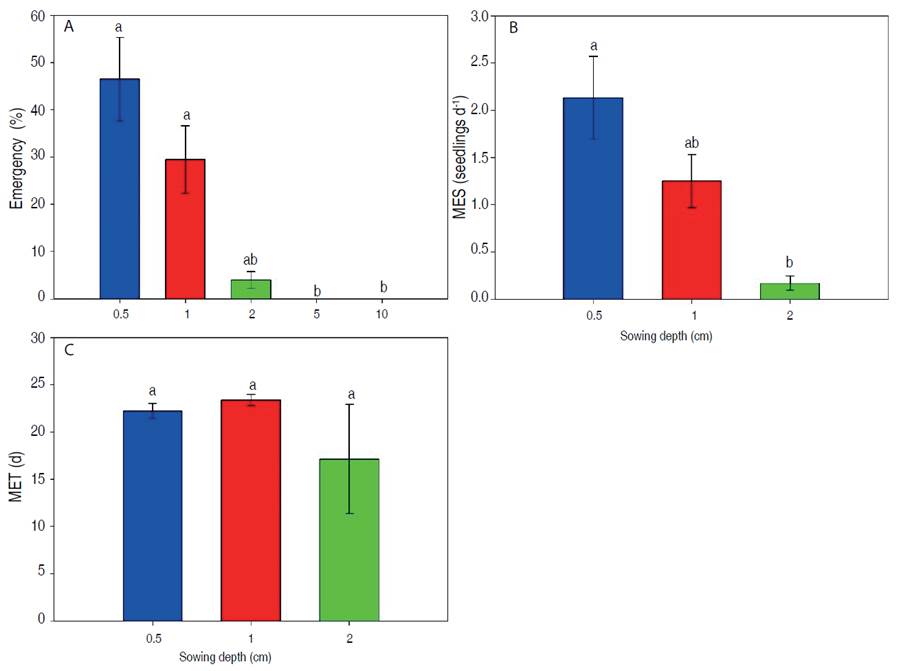 Effect of sowing depth on emergency percentage (A), mean emergency speed (B), and mean emergency time (C) of S. oleraceus. Means followed by different letters indicate significant differences according to the Tukey test (P<0.05). Vertical bars for each mean indicate the standard error (n=4).