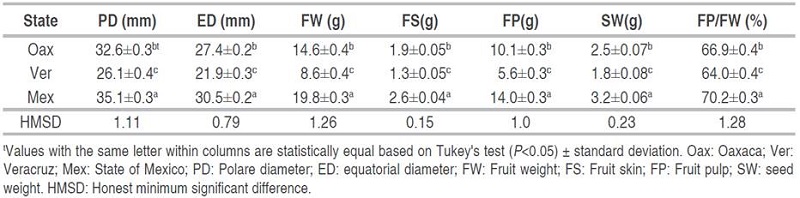 Morphological measurements of loquat fruits in three states of the Mexican Republic.