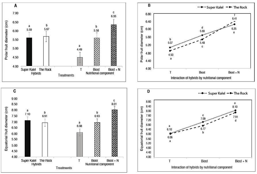 Analysis of variance of the hybrid, nutrition, and interaction factor by the effect of the application of the bamboo-based foliar biostimulant for the variable of polar fruit diameter (cm) (A); (B) and equatorial fruit diameter (cm) (C); (D). Different letters are statistically different according to Tukey's 5% probability test.