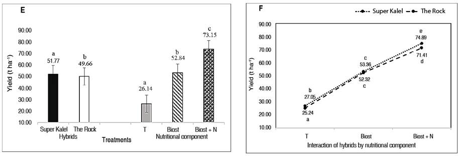 Analysis of variance of the hybrid, nutrition (E), and interaction (F) factor by the effect of the application of the bamboo-based foliar biostimulant for the yield variable (t ha-1). Different letters are statistically different according to Tukey's 5% probability test. 