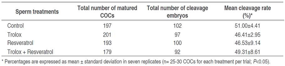 Cleavage rate obtained from in vitro matured cumulus-oocyte complexes fertilized with refrigerated sperm treated with different antioxidants (Trolox and/or resveratrol).
