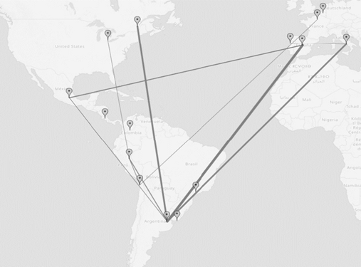 Mapa geogr&aacute;fico de la colaboraci&oacute;n entre autores.