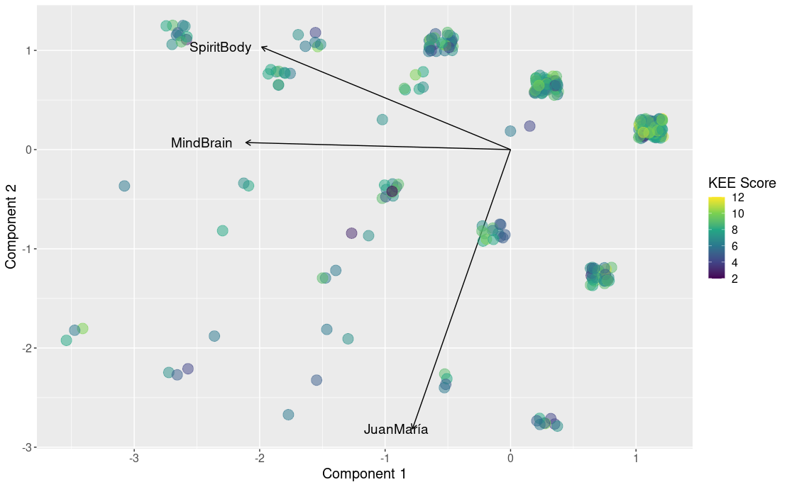 Results for the first two components of the PCA for Dualism questions. The color scale indicates participant&rsquo;s performance on the KEE questionnaire