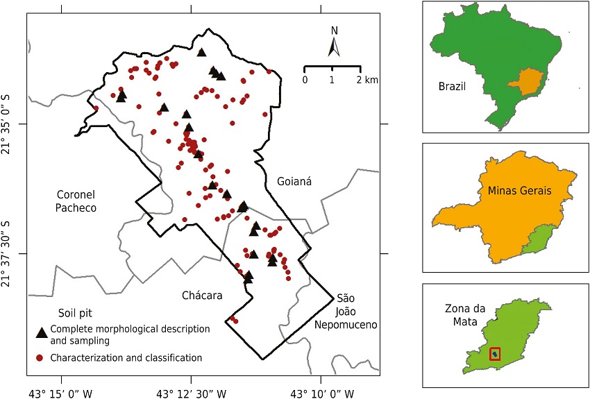 Localization of the soil pits used for soil classification in the Dênis Gonçalves Settlement, Mesoregion of the Zona da Mata region, Minas Gerais, Brazil.