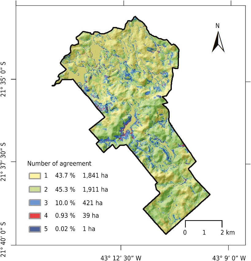 Map of MU variability among the eight soil maps generated with the machine learning algorithms in the Dênis Gonçalves Settlement (the values 1, 2, 3, 4, and 5 represent the number of distinct MUs assigned by the algorithms in a given pixel of the soil map, where 1 means agreement of all algorithms).