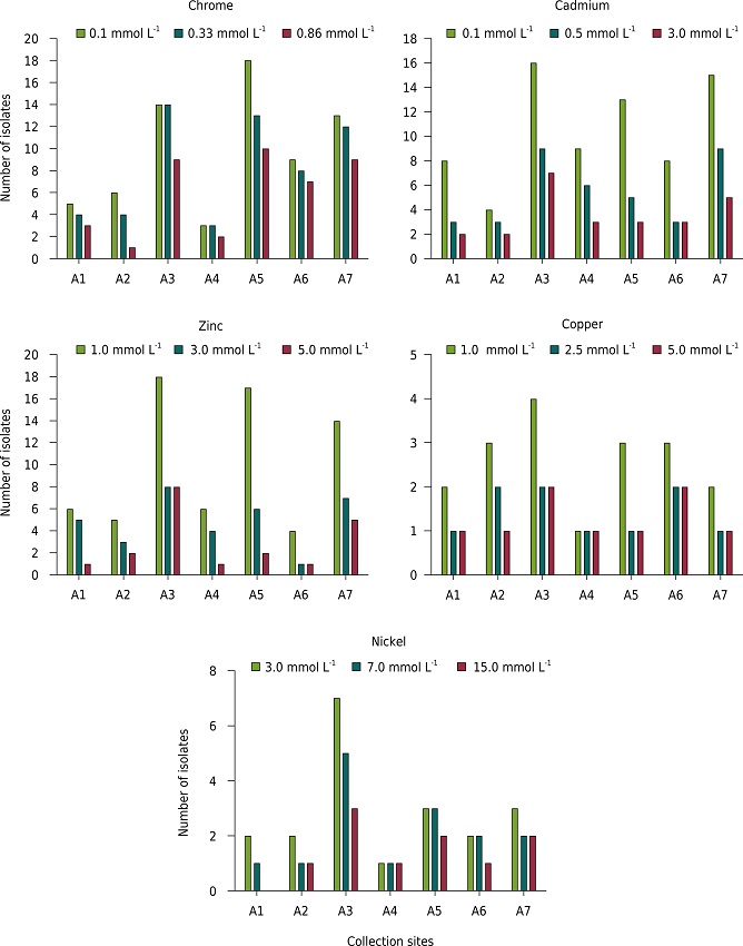 Number of heavy metal-resistant bacterial isolates at different Cr, Cd, Zn, Cu, and Ni concentrations in each representative area.