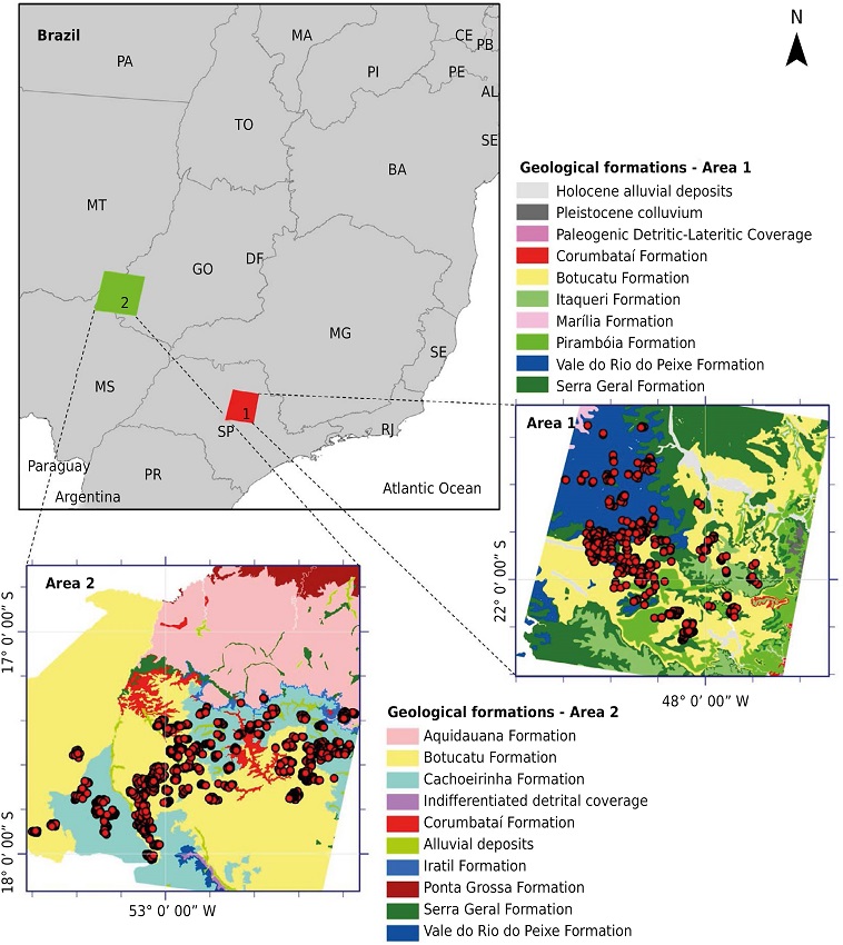 Location of study areas in Brazil and detail of areas, showing local geology and distribution of sampling points (in red).
