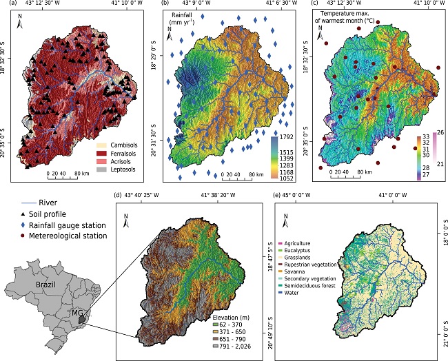 Location of the Doce River Basin in the state of Minas Gerais (MG), Brazil, and the thematic maps: (a) soil types and location of the soil profile used, (b) rainfall gauge stations, (c) meteorological gauge stations, (d) land coverage, and (e) elevation above sea level.