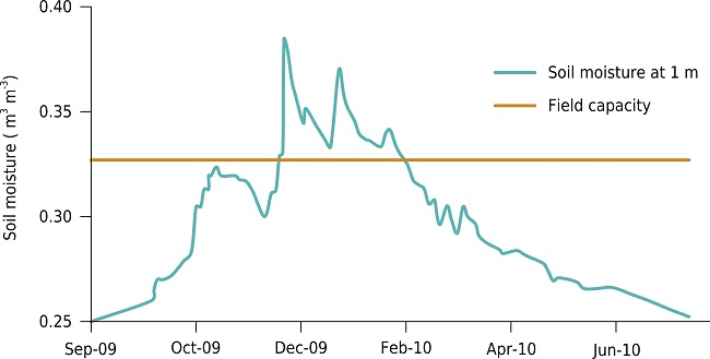 Soil moisture and water content at field capacity (FC) at a depth of 1 m in the agroforestry system. The area above the red line corresponds to the total volume of recharge (water per volume of soil).