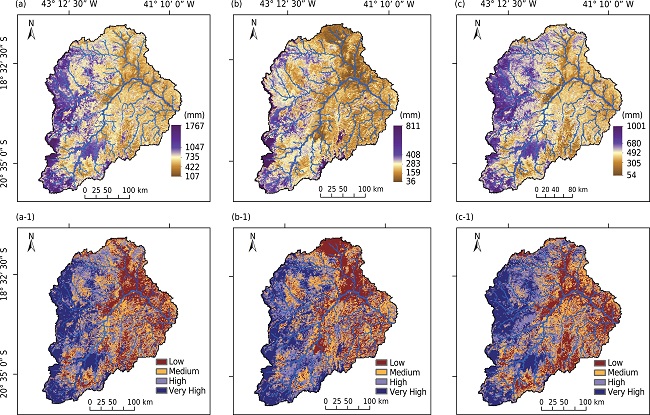 Potential groundwater recharge (PGR) in the Doce River Basin in the years 2007/2009 (a), 2007/2008 (b), and 2008/2009 (c) and respective maps of the PGR zones.