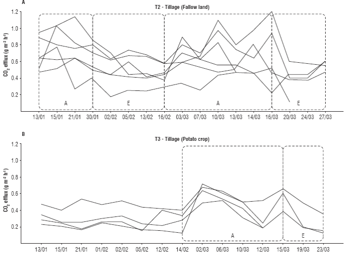 Effects of soil management on CO2 flux in T2 transects, two tillage labors with a disk plowing after a fallow cover, and the effects of one tillage labor on T3, in the Paramo de Guerrero. Each labor represents a raising period (A) of CO2 efflux. Every line represents the CO2 efflux through all the experiment for each plot with tillage cover. A. T1 and B. T2.