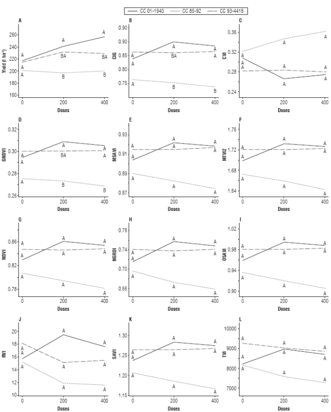 Bonferroni grouping of productivity and vegetation indices between varieties per dose (figures should be read vertically for each dose).