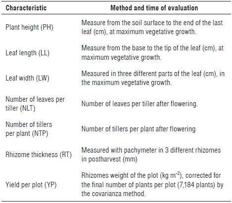 Agronomic traits evaluated in ginger germplasm (Z. officinale).