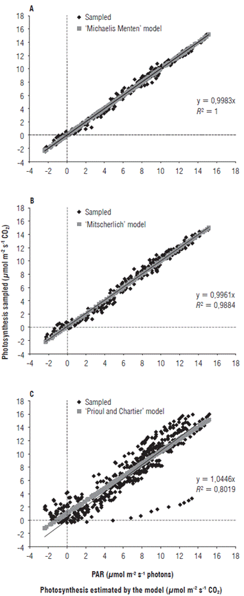 Adjusted regression between the actual and the estimated photosynthesis for the non-linear models in oil palms: (A) The rectangular hyperbolic model: Michaelis-Menten; (B) The exponential model: Mitscherlich; (C) The non-rectangular hyperbolic model: Prioul and Chartier.