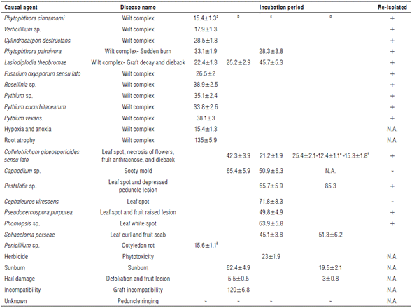 Pathogenicity tests for potential causal agents of diseases and disorders on Persea americana cv. Hass.