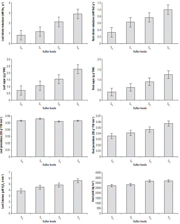 Means of plant heights, yield components, seed yields and oil contents of rapeseed var. Hyola401 under different sulfur levels (S0, S1, S2 and S3 including 0, 12, 24 and 36 kg S ha-1, respectively). Error bars indicate 95% confidence intervals.